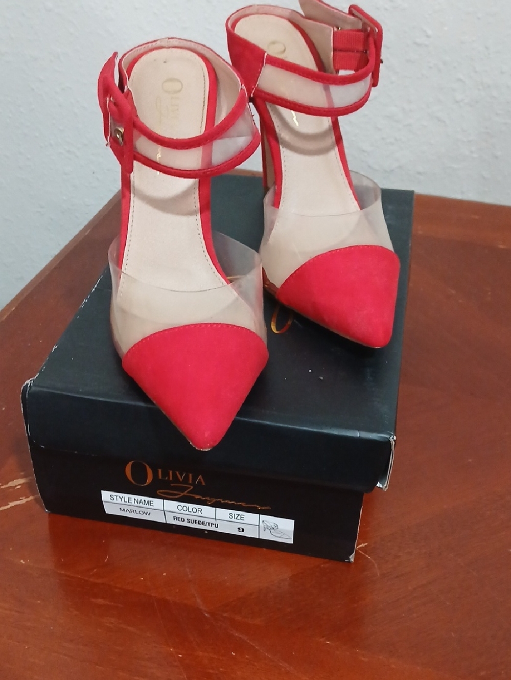 Olivia Marlow Red Pointed T-Strap Heels